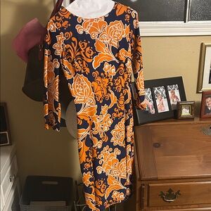 Elegant Orange and Blue Floral Long Sleeve Dress